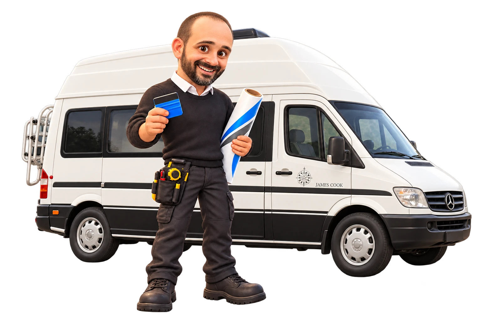 Fran, dueño de Pegatinas de Caravanas, con una espátula de colocación y un rollo de vinilo delante de su autocaravana James Cook